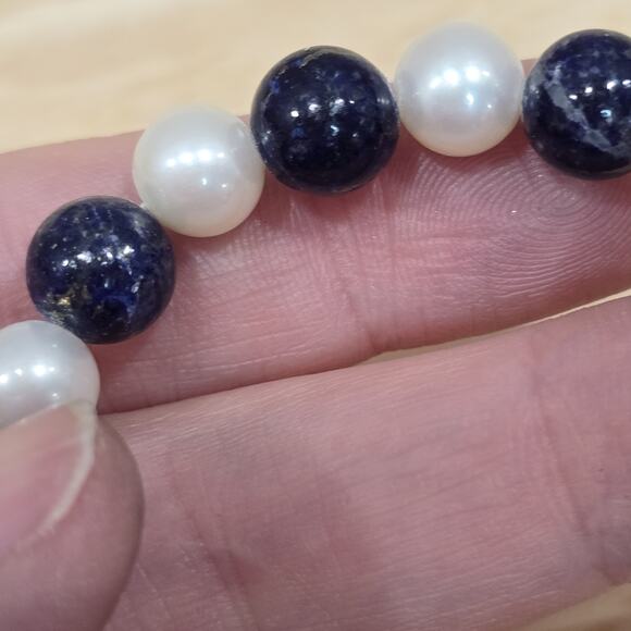 Lapis Lazuli and Pearl Graduated Bead Thread Strung 17" Necklace 14K GF Clasp - Picture 15 of 16